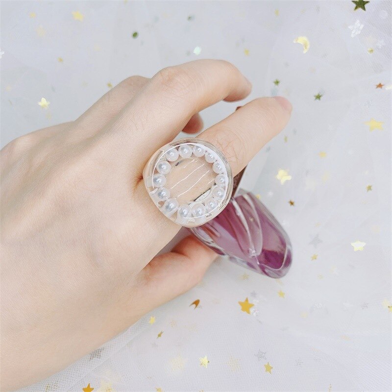 Koreaanse Elegante Transparante Acryl Resin Pearl Hollow Geometrische Vierkante Ronde Grote Ringen Voor Vrouwen Meisjes Zomer Sieraden: 1