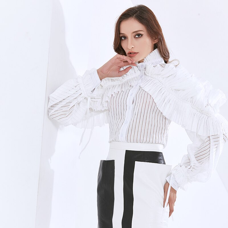 TWOTWINSTYLE-Blusa de manga larga con volantes para mujer, camisa con cuello levantado, estilo de ropa a la ,