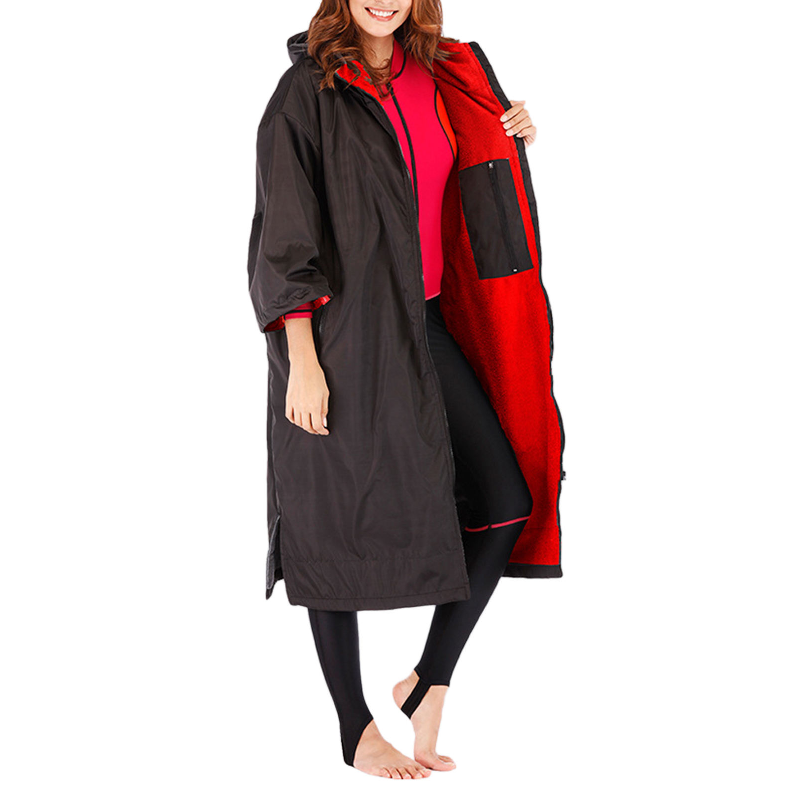 Robe à langer de Surf unisexe, manteau de natation en plein air à capuche pour adultes, veste coupe-vent résistante aux intempéries, Parka de natation avec poche intérieure: Black Red M