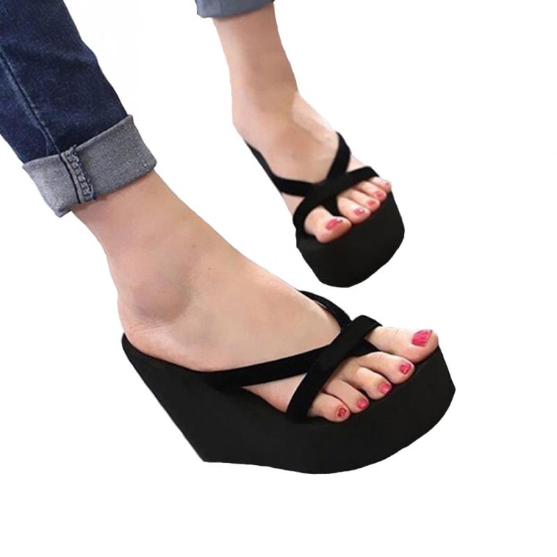 Women Slippers Summer High Heel Slippers Beach Flip Flops Slipper Wedge Platform Beach Shoes Sandals: Black / EU 39