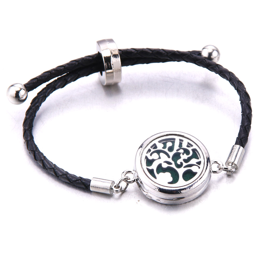 Difusor de aceites esenciales de Perfume, pulsera de cuero, medallón de aromaterapia, medallón de acero inoxidable, pulsera de cuero negro,: VERMEIL