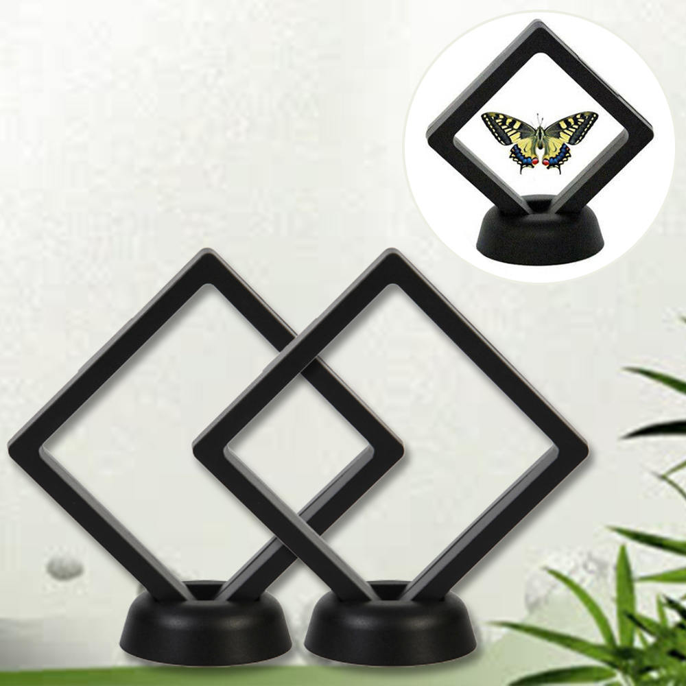 2 stk sæt 90*90mm sorte 3d flydende mønt display smykker ramme holder æske etui stativ udsøgt opbevaringsstativ