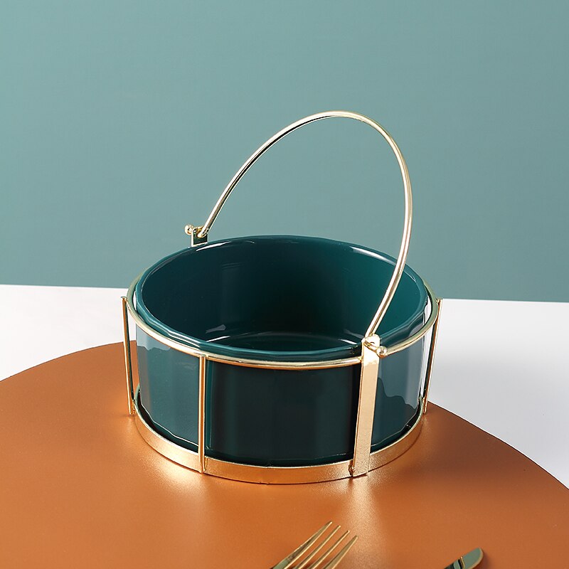 Simple Art Luxury Ceramic Handle Fruit Snack Plate Home Dark Green Phnom Penh Grid Plate Snack Dried Fruit Plate with Iron Shelf