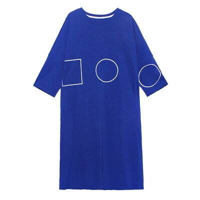 [EAM] vestido largo negro estampado de patrón de talla grande cuello redondo manga larga ajuste suelto Primavera otoño 1Z424: Blue