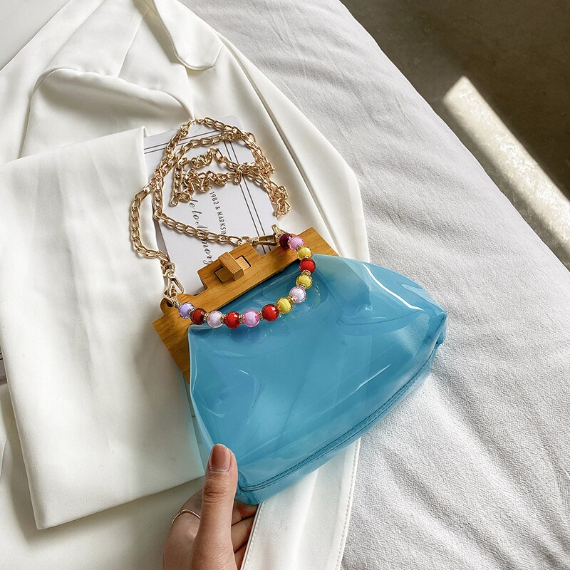 Transparent Jelly Tote bag Summer High PVC Women's Handbag Chain Shoulder Messenger Bag Travel Bag: 22 CM Blue