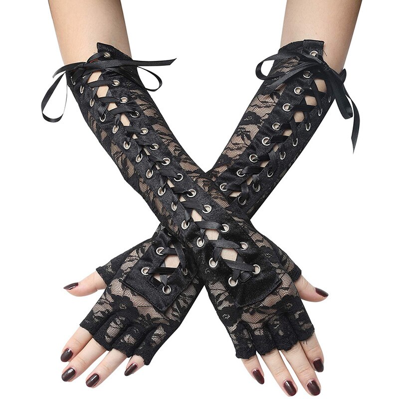 1Pair Women Gothic Long Glove Fingerless Black Punk Hip Pop Half-Finger Mittens Clubwear Dance Cosplay Party Arm Sleeve