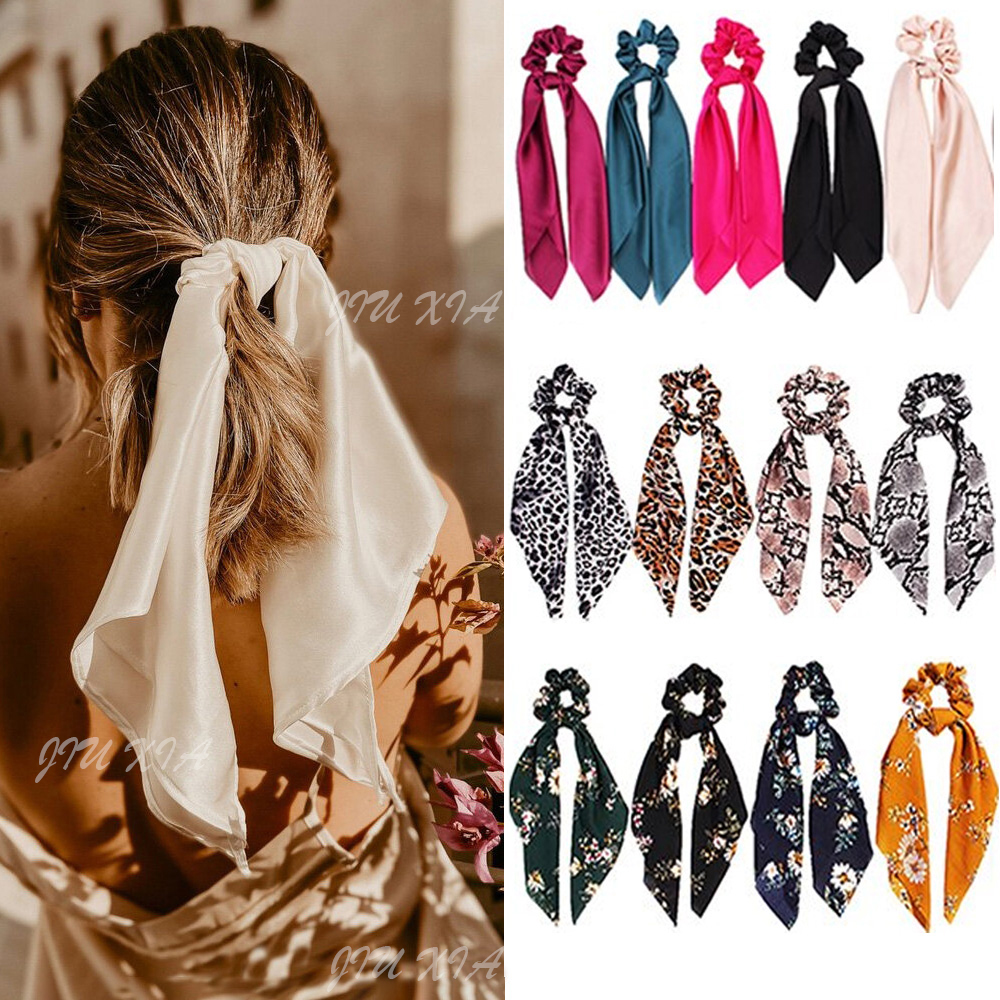 Chouchou Vintage en Satin Léopard pour Femme, Long Ruban, Bandes artificiel astiques Solides, Queue de Cheval, Écharpe pour Cheveux, Vêtements de Sauna