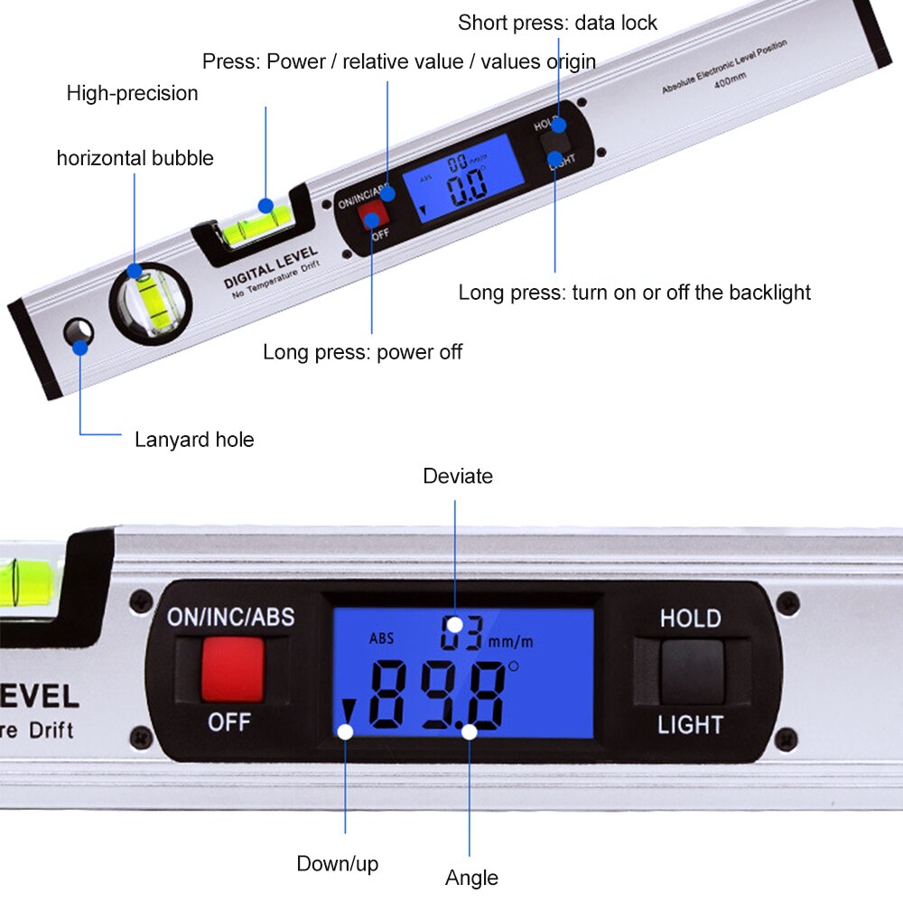 INGBONT Digital Protractor Electronic Spirit Leve Angle Finder Meter 360° Slope Test Ruler 400MM Horizontal Bubble Inclinometer