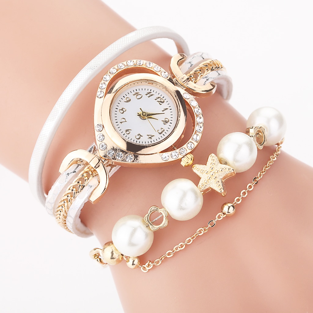 Dame armbåndsure med perlevedhæng luksus dame læder quartz rhinestone armbåndsure ur zegarek damski: Hvid