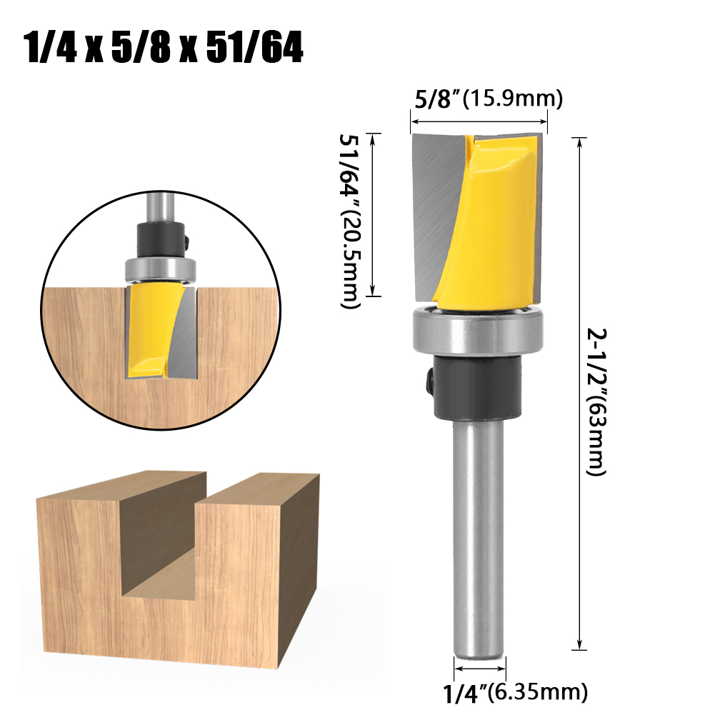1/4"&amp; 6mm Shank Pattern Bit Flush Trim Bit Straight Bit with Bearing Hinge Mortising Router Bit Wood Trimmer Cutter: 6.35X15.9