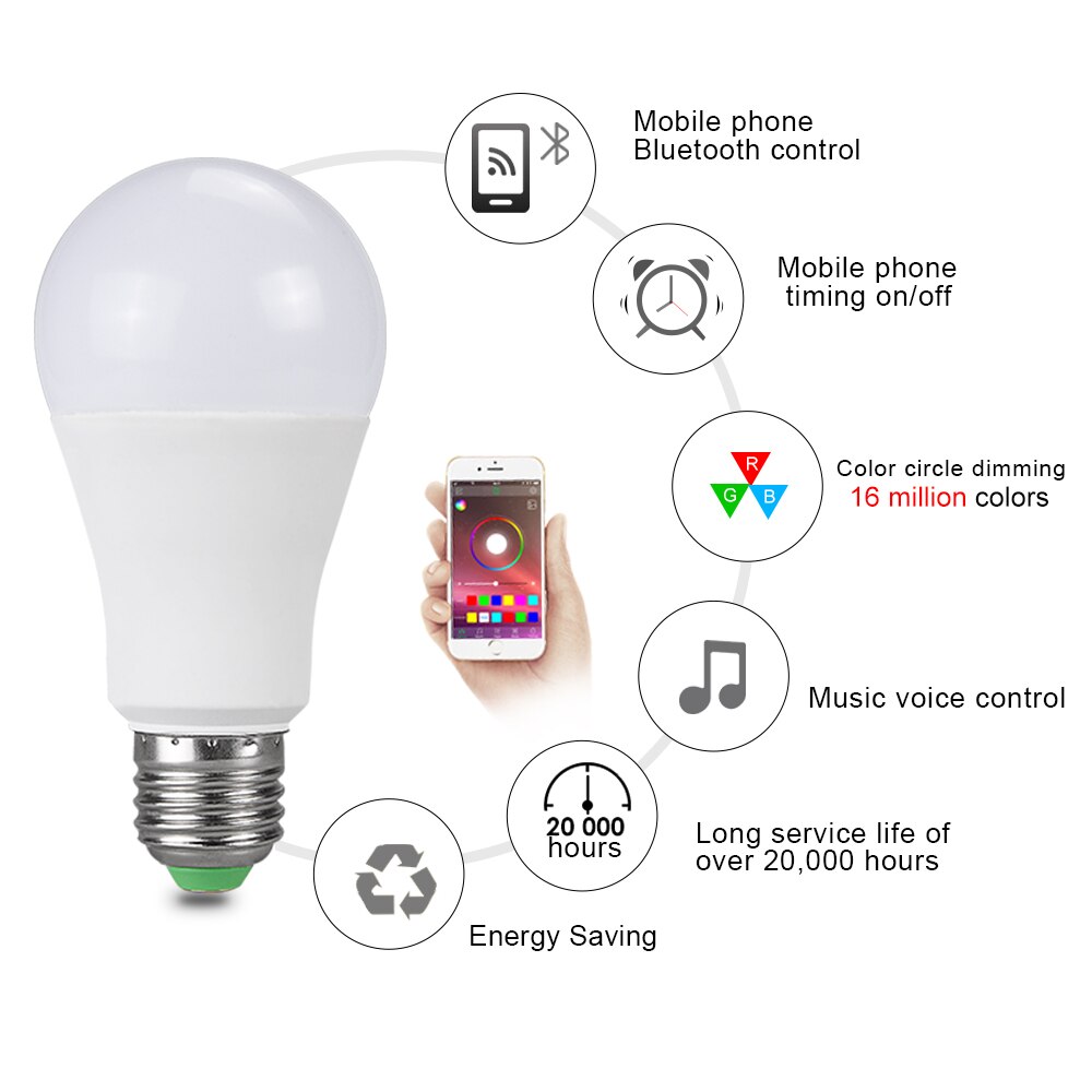15W Ampul Led E27 Rgbw Bluetooth Gloeilamp B22 20 Modi Music Control Multicolor Smart Lamp 85-265V Ios Android Bluetooth 4.0