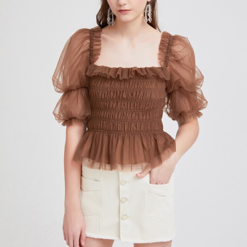 Twotwinstyle söt stil patchwork mesh dam skjorta fyrkantig krage puff halvärm tunika patchwork volanger korta blusar kvinnlig