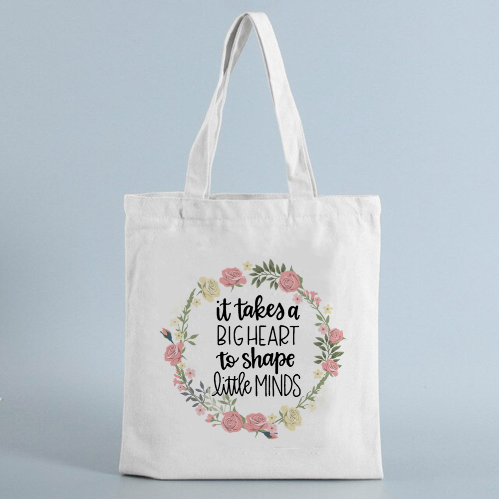 It Takes A Big Heart To Shape Little Mind Canvas Reusable Shopping Bag Teacher Shoulder Cloth Bags Shopper Tote Bag: B3182-TBWH-M