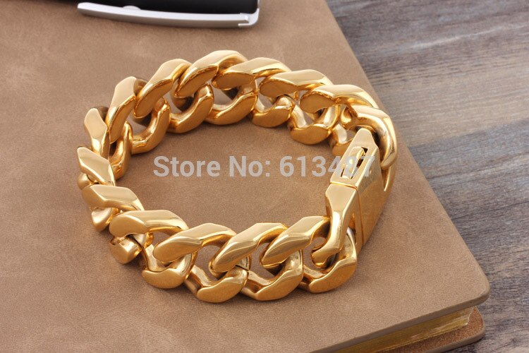 ¡8,66 "20mm ! Brazalete de pulsera de acero inoxidable dorado con cadena para hombre resistente a la , de