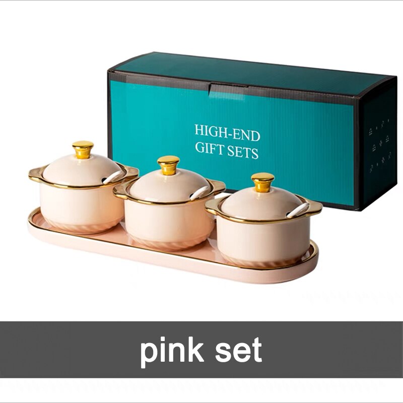 Cuenco de cerámica con tapas y cuchara para azúcar, juego de frascos de especias para condimentos de lujo, contenedor de almacenamiento de azúcar para Cocina: pink set