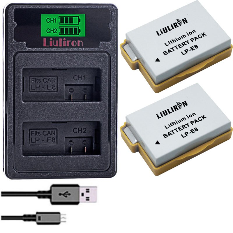 Batería LP E8 LP-E8 LPE8 de 7,4 v y 2100mah, cargador Dual para Canon EOS 550D, 600D, 650D, 700D, X4, X5, X6i, X7i, T2i, T3i: charger and 2battery