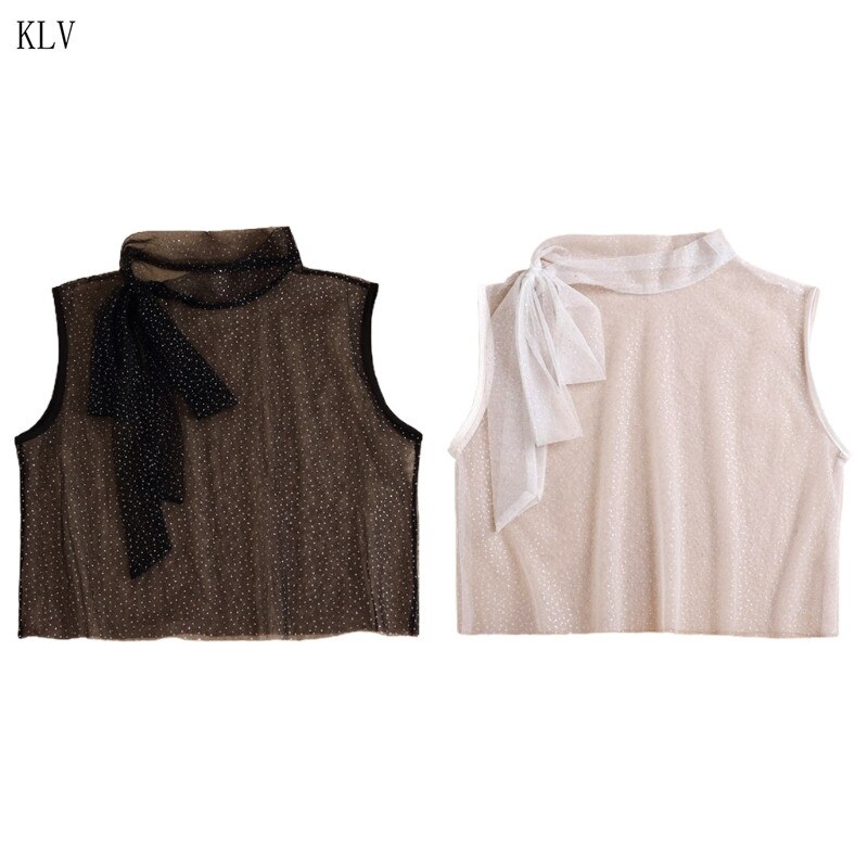 Dames coltrui strik nep kraag doorschijnend gaas glanzende pailletten afneembare trui half topje shirt decoratief vest