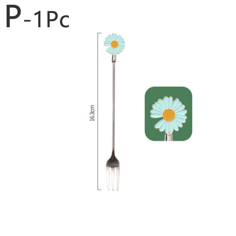 Cherry Blossom Daisy Pattern Spoon Fork Stainless Steel Thin Handle Tea Spoon Coffee Stirring Dessert Fork Tableware: P