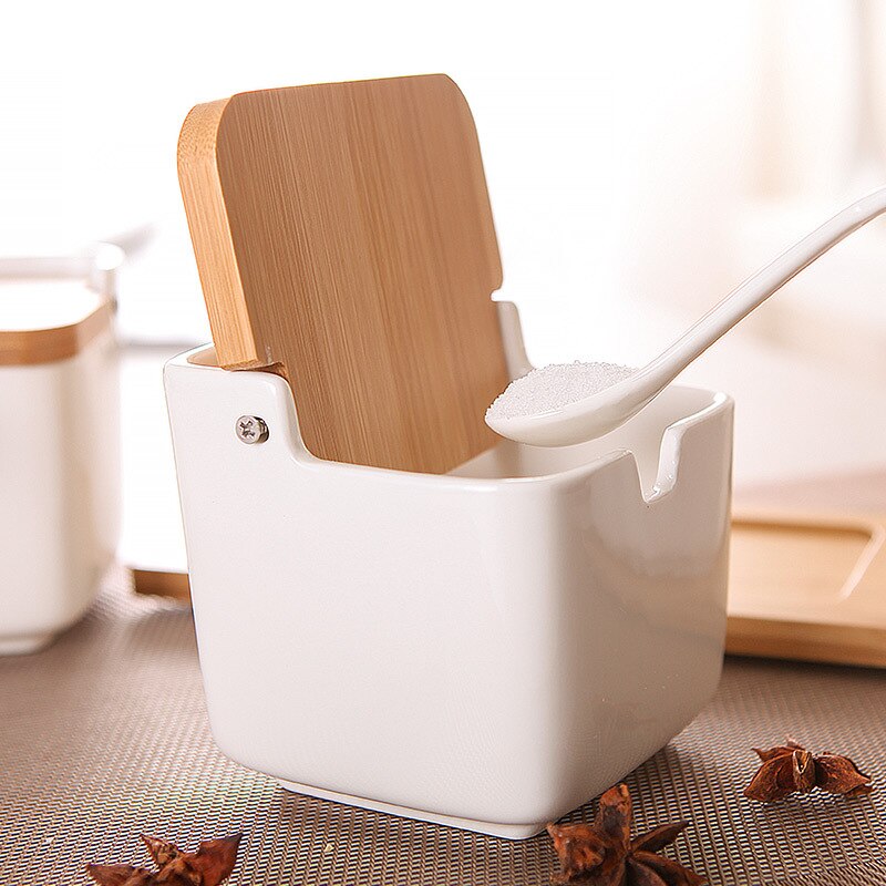 Keramik Salz Container Küche würzen Töpfe Pfeffer Gläser Lagerung Mit Deckel Löffel Porzellan Kasten Bambus Abdeckung Würze Gewürz Gestell