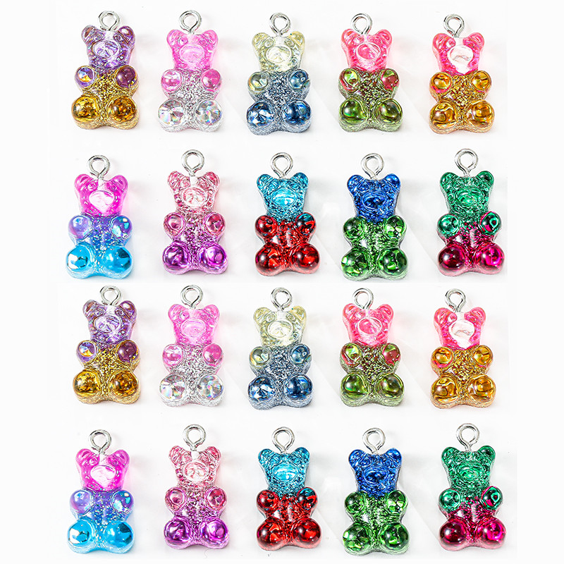 10 st hartsbjörnberlocker med platta baksida gummibjörnar och glittercabochoner för halsband, hänge, örhängen, gör-det-själv-tillverkning: Rosa guldfärg