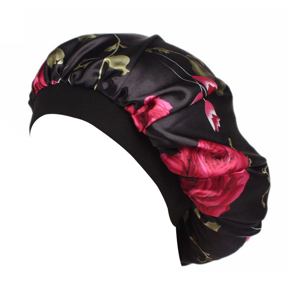 Bonnet de nuit en Satin pour adultes, unisexe, à larges bords, à fleurs, pour printemps, automne et hiver: Black flower