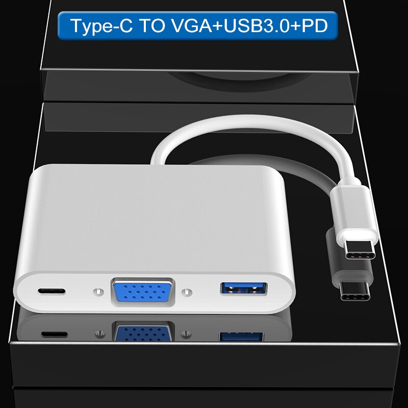 Type c til vga usb 3.0 pd 3- i -1 thunderbolt type c hub  to 4k vga usb adapter med type-c strøm til bærbar computer
