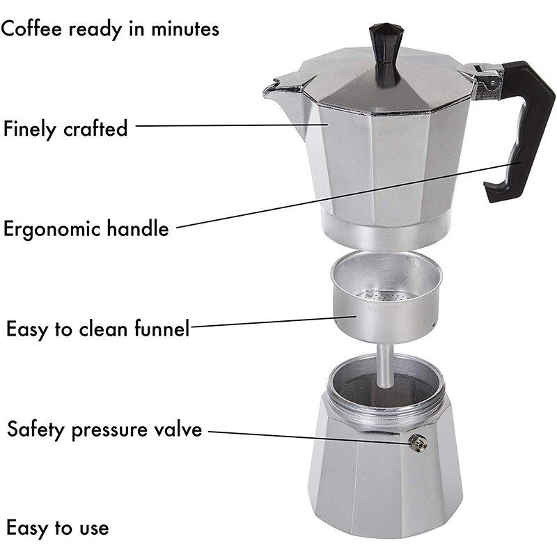 Klassisk espressomaskine til kogeplader til stærk espresso med stor smag, espresso moka -gryde i italiensk stil, kaffeværktøjer