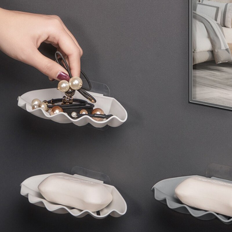 Jabonera con ventosa doble para el baño, accesorios para el baño, caja de almacenamiento, contenedor de plástico sin perforaciones, concha marina