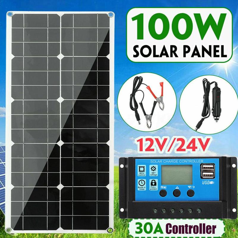 Batería de Panel Solar Flexible USB Dual 100W 18V 30A PWM y Clip para el conjunto del coche, cargador de cocodrilo de viaje para exteriores con Cha para ciclismo S0V1