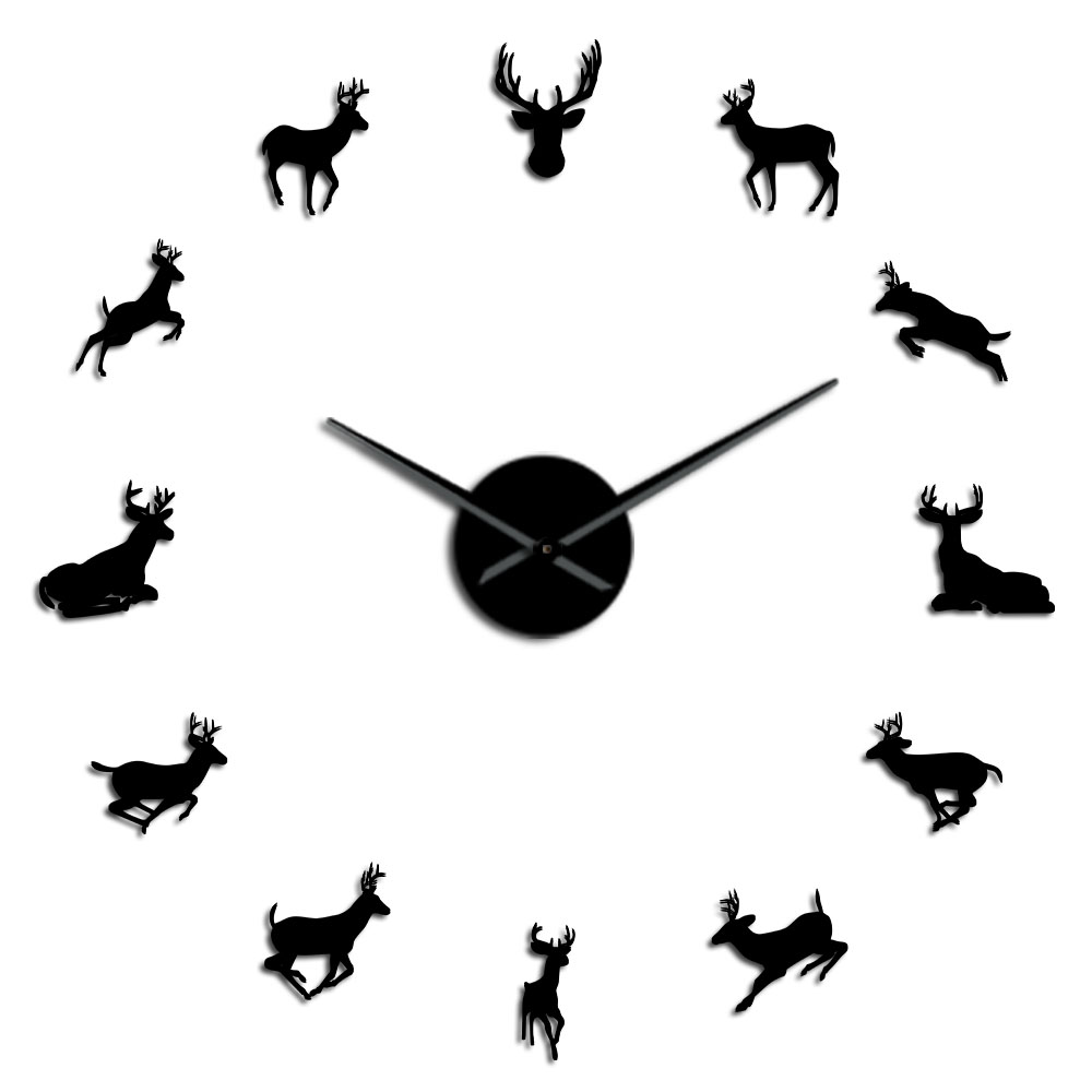 Horloge murale géante en acrylique, tête de cerf, bricolage, moderne, effet miroir, décorations pour la maison: Black / 37 Inch