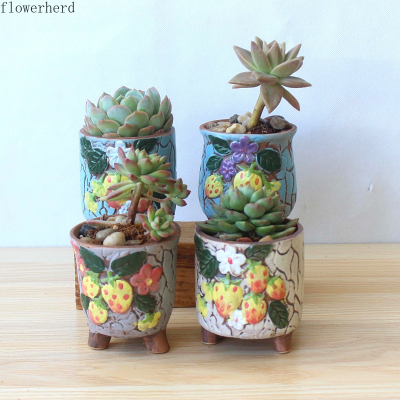 2pcs Ceramic Succulent Flower Pot Hand-painted Strawberry Nursery Pots Indoor Garden Planting Pots Garden Pots
