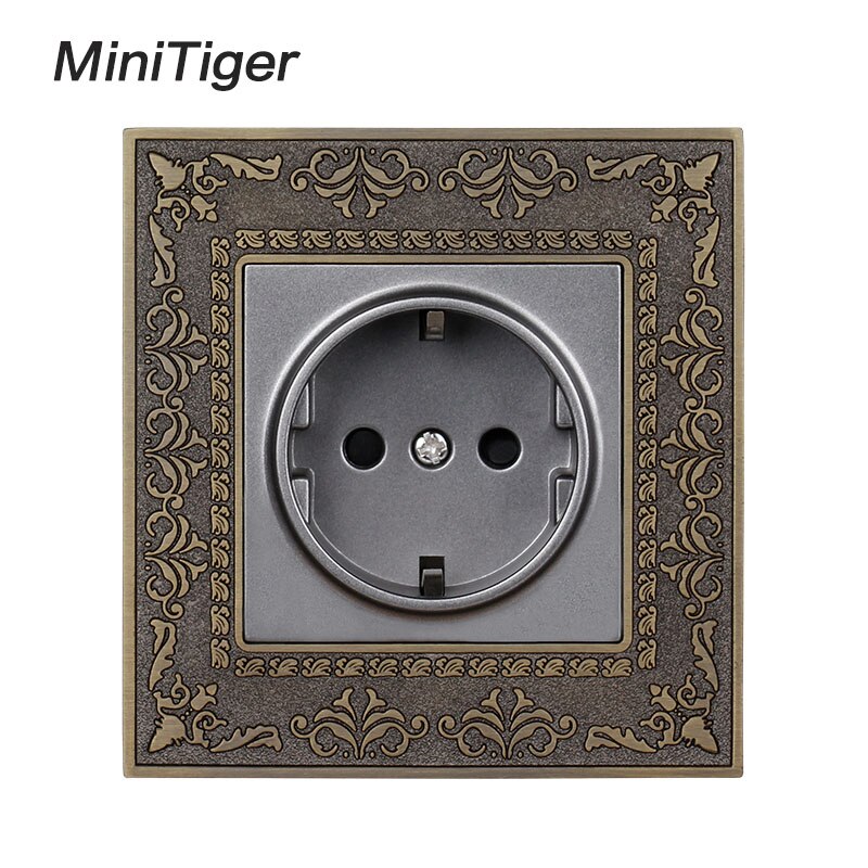 Minitiger 16A Eu Standaard Stopcontact 4D Embossing Retro Zinklegering Panel Stopcontact Ac 110 ~ 250V