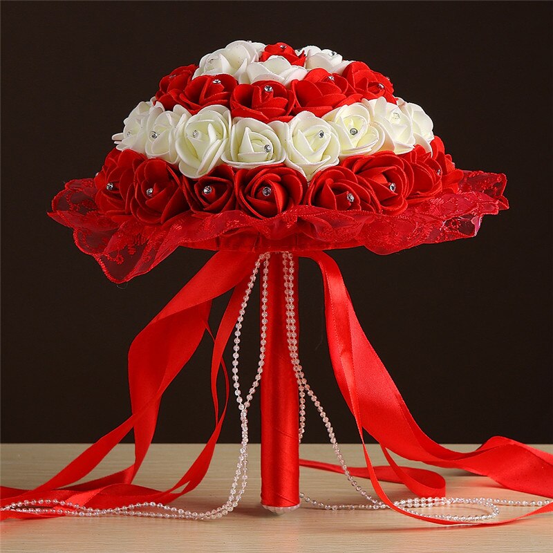 Amor boda Ramos de dama de honor boda decoración hecha a mano PE Artificial flores falsa Perla Ramos Rosa