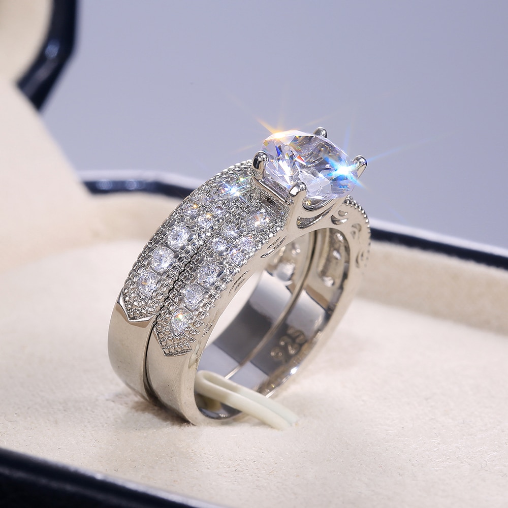 Hutan Ethnic Bridal Wedding Women Ring 2Pcs Silver Color Noble Lay Party Finger Rings CZ Stone Stylish Jewelry