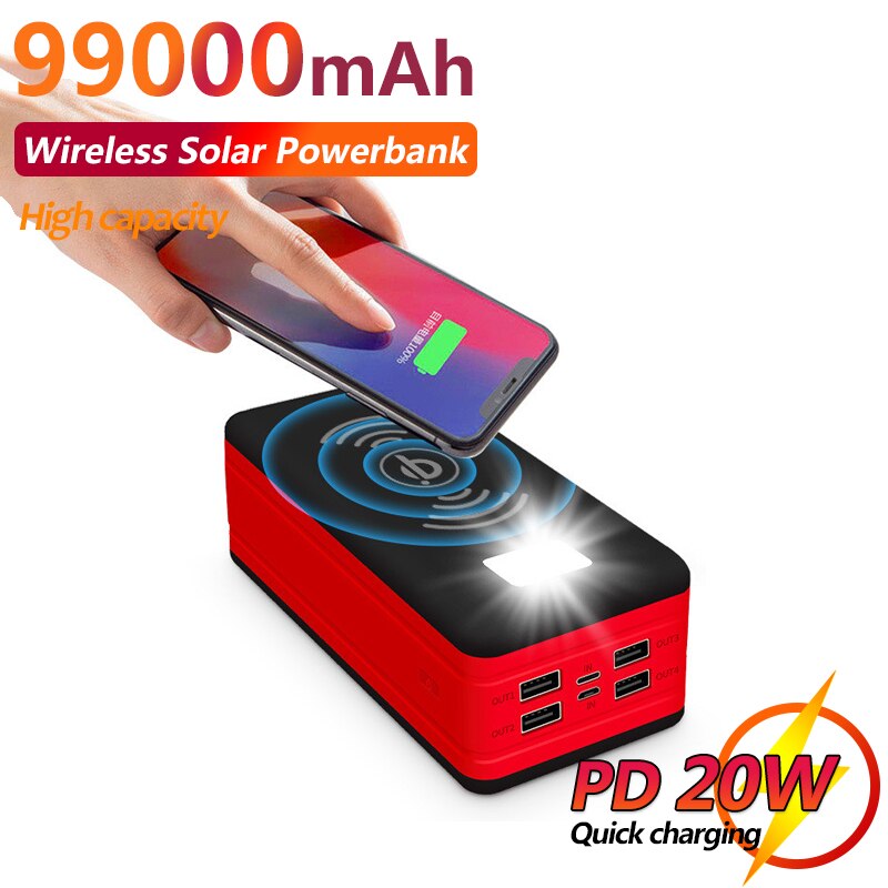 Solar 99000 mah power bank carregador sem fio portátil de carregamento rápido com luz acampamento emergência sos bateria externa