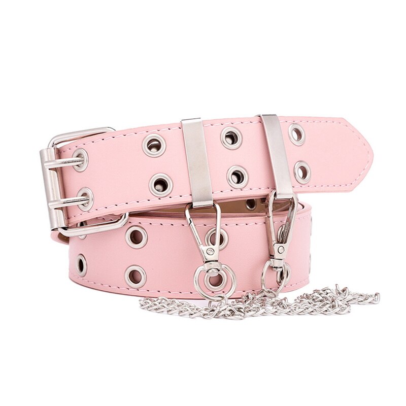 Vrouwen punk ketting riem verstelbare dubbele/enkele rij gat oogje tailleband met oogje ketting decoratieve riemen: Roze en ketting