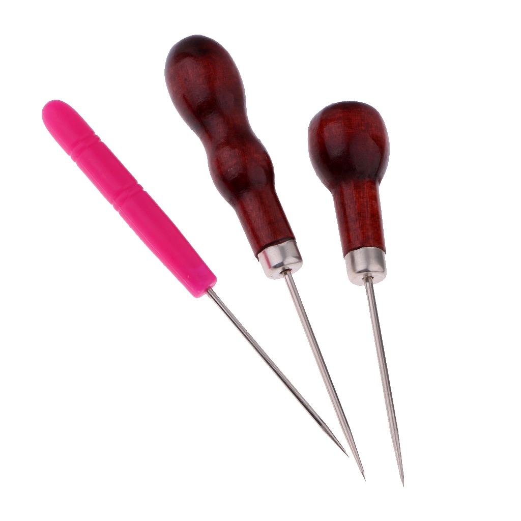 3Pcs Wooden Handle Scratch Awl Tool Pin Punching for Leather Pouch Hole DIY Handmade