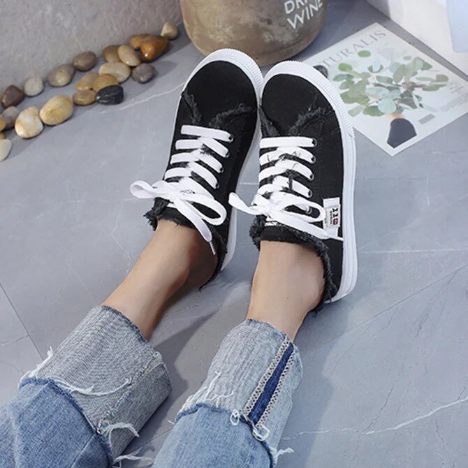 Dames Lærredssko Flade Sneakers Casual Sko Lav Overdel Snøre Sommer Hvid