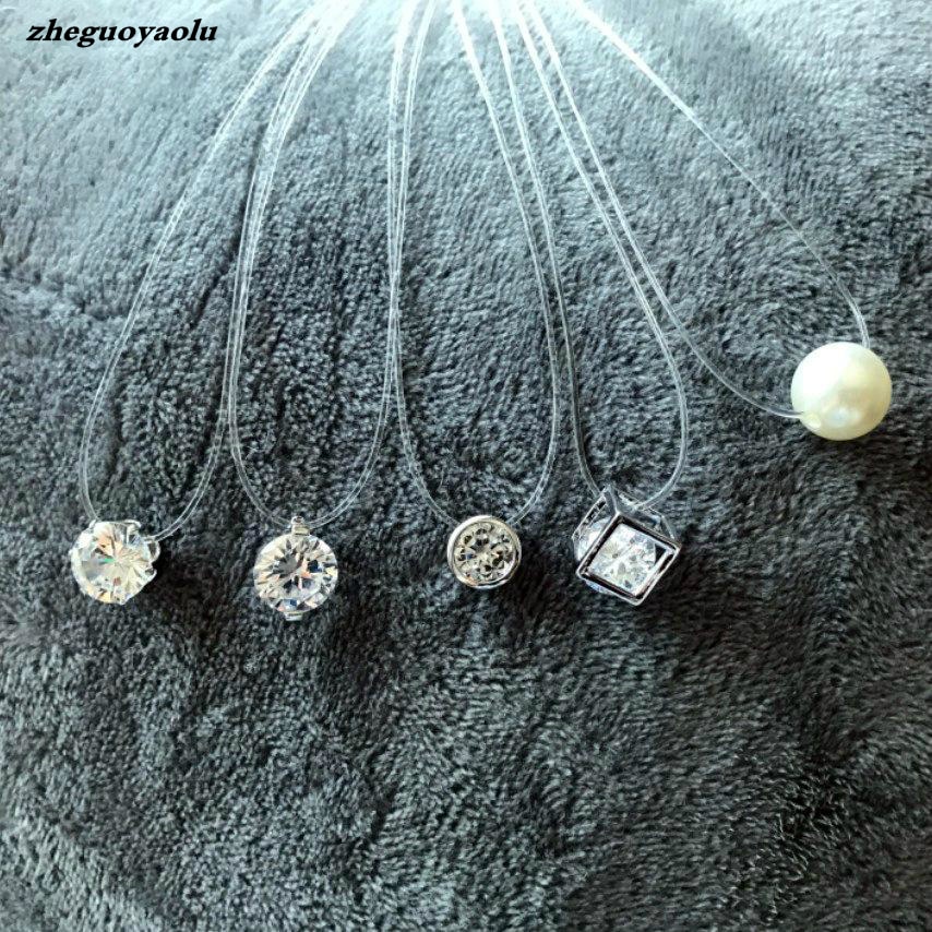 5-kleuren oogverblindende zirkoon ketting onzichtbare transparante vislijn eenvoudige hanger ketting sieraden voor vrouwen parel sieraden