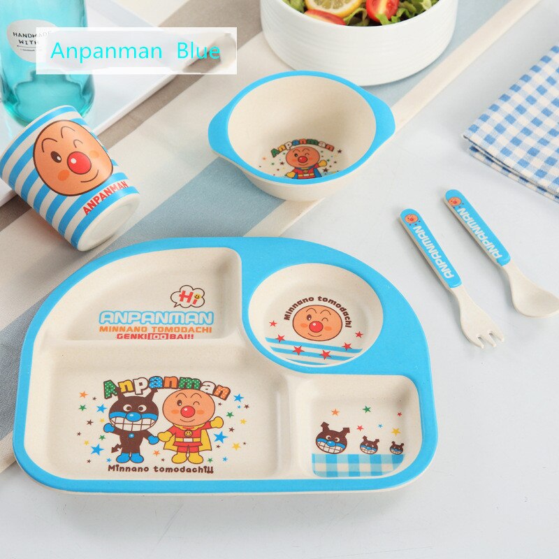 5 stuks babyvoedingsbakjes schattige voedselcontainer van bamboevezels kinderserviesgoed babyservies peuterbord maaltijdschaal: Anpanman blauw