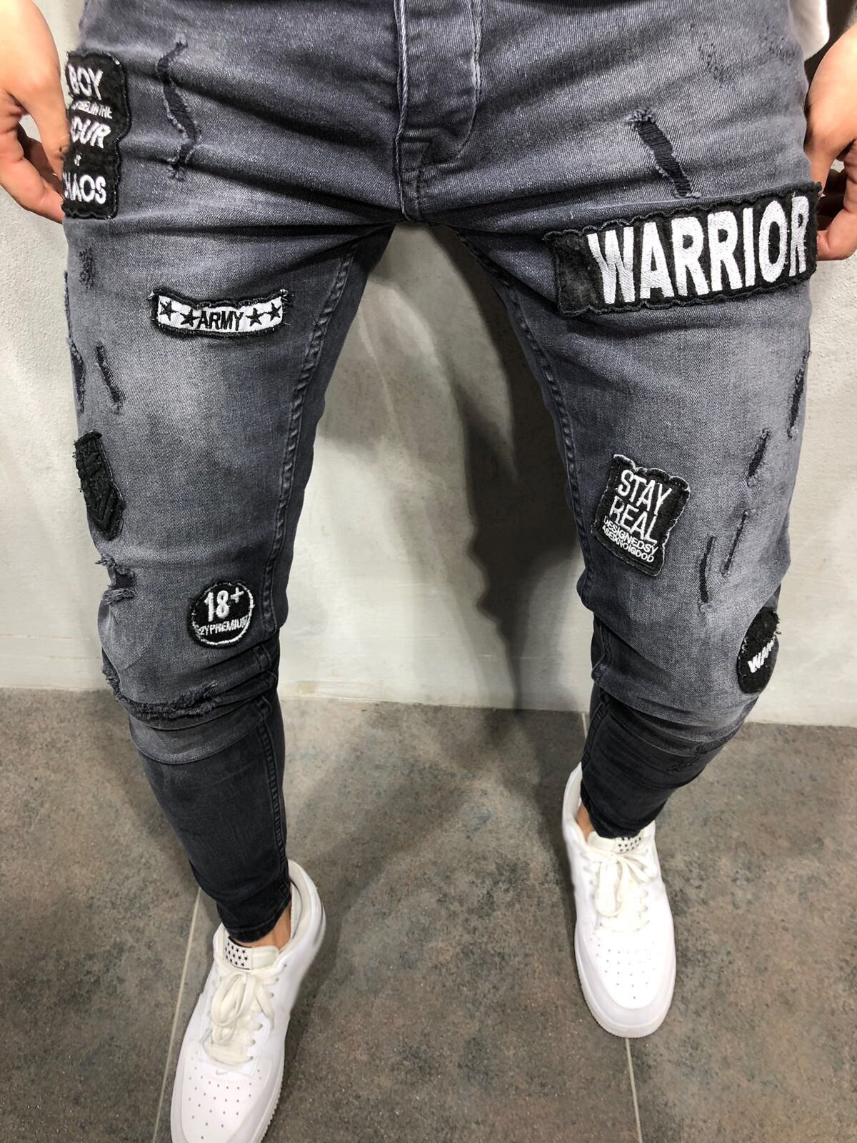 Skinny Gat Ripped Denim Jeans Voor Mannen Hip Hop Slim Fit Streetwear Patchwork Badge Verontruste Zwart Potlood Broek