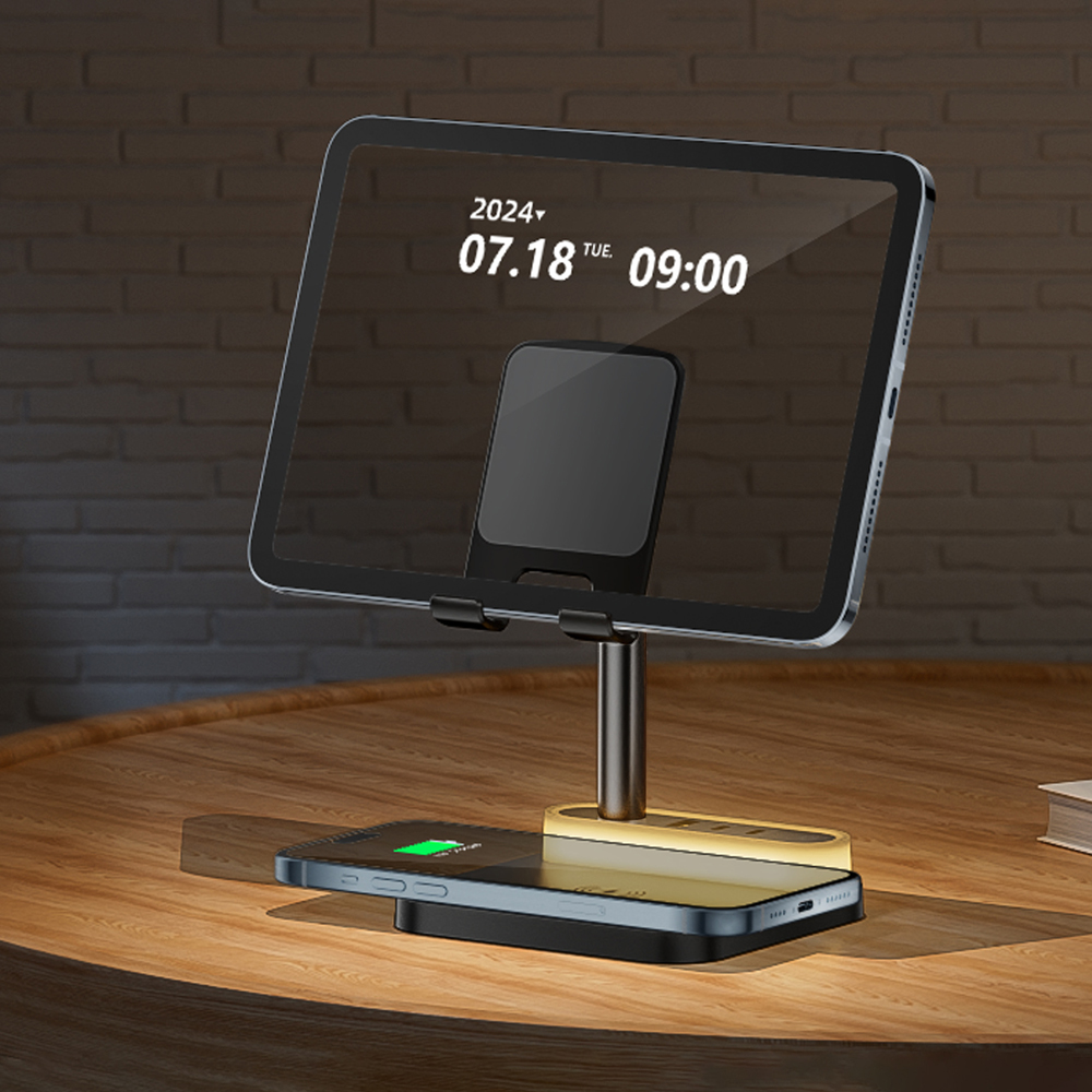 4-in-1 kabelloses Laden, universelles 15-W-Schnelllade-Nachtlicht, mobiler Multi-Port-Tablet-Ständer, kabelloses USB/C-Eingang.