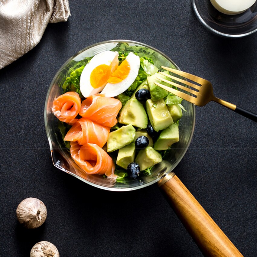 Glassmelkegryte med trehåndtak 400ml/600ml kokekanne til salatnudler gassovn kokekar gryter og panner suppegryte glasspanne
