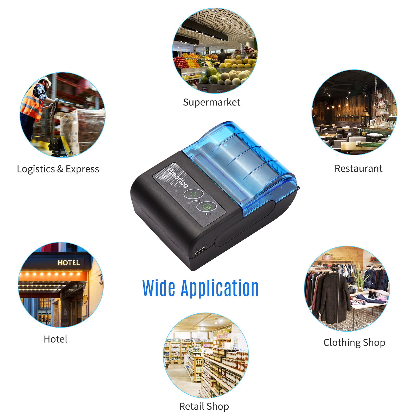 Bisofice Portable Mini Thermal Printer 2 inch Wireless USB Receipt Bill Ticket Printer with 58mm Print Paper for Restaurant