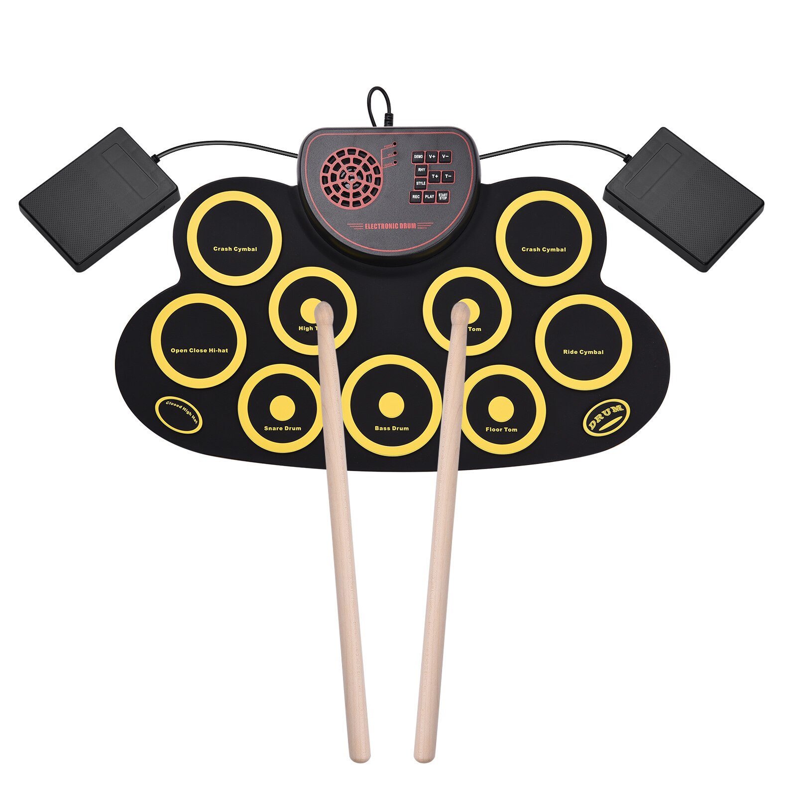 Portable Electronic Roll-up Drum Pad Silicon Digital Drum Pad Audio Output & Record Functionput with Foot Pedals Drum Sticks