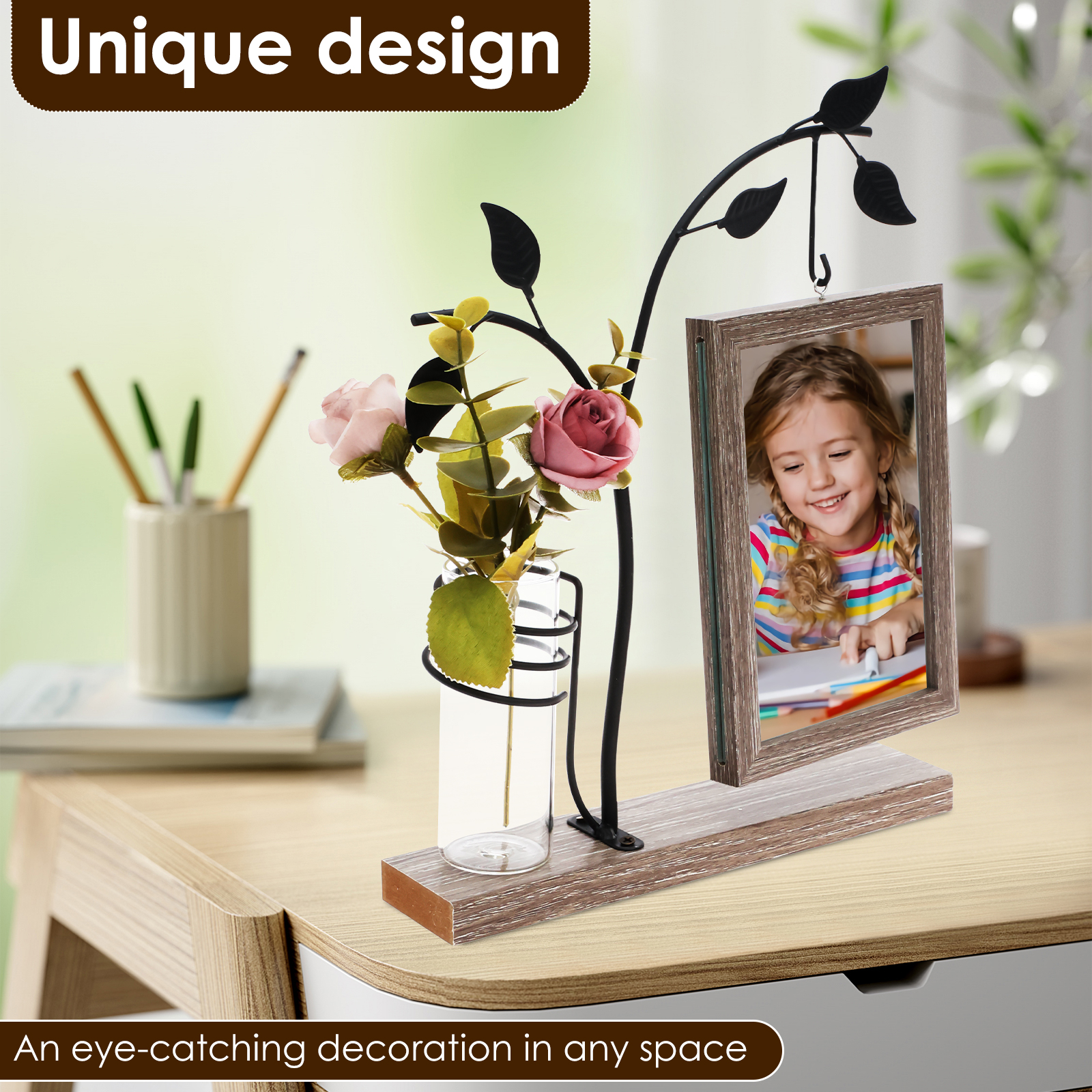 Art Frames 4X6 Fotolijst Ingelijste foto Dubbelzijdig Woondecoratie Opbergrek met standaard en glazen vaas voor bloemenplanten