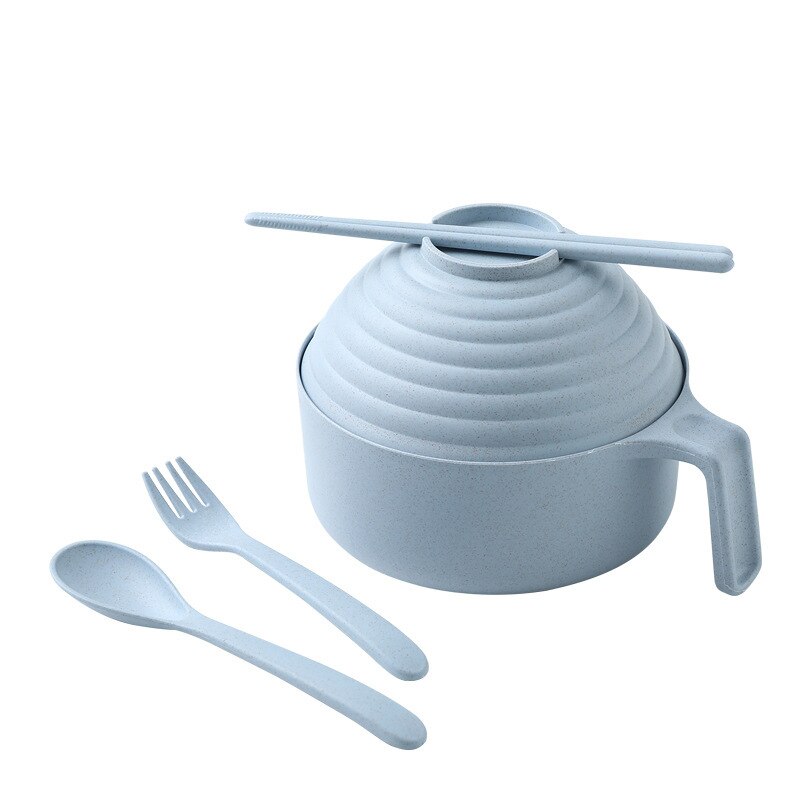 5Pcs Wheat Straw multifunctional with lid bowl spoon fork chopsticks Eating Dinnerware Set Anti bowl Microwavable Bowl: Blue