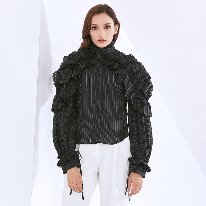 TWOTWINSTYLE-Blusa de manga larga con volantes para mujer, camisa con cuello levantado, estilo de ropa a la ,: black / M
