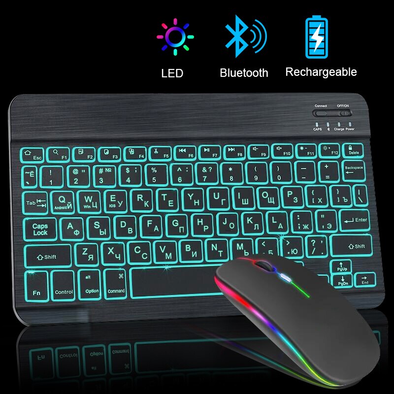LED bezprzewodowa klawiatura Bluetooth klawiatura i mysz RGB hiszpański Mini podświetlenie rosyjska klawiatura do telefonu Tablet ipad pro 11
