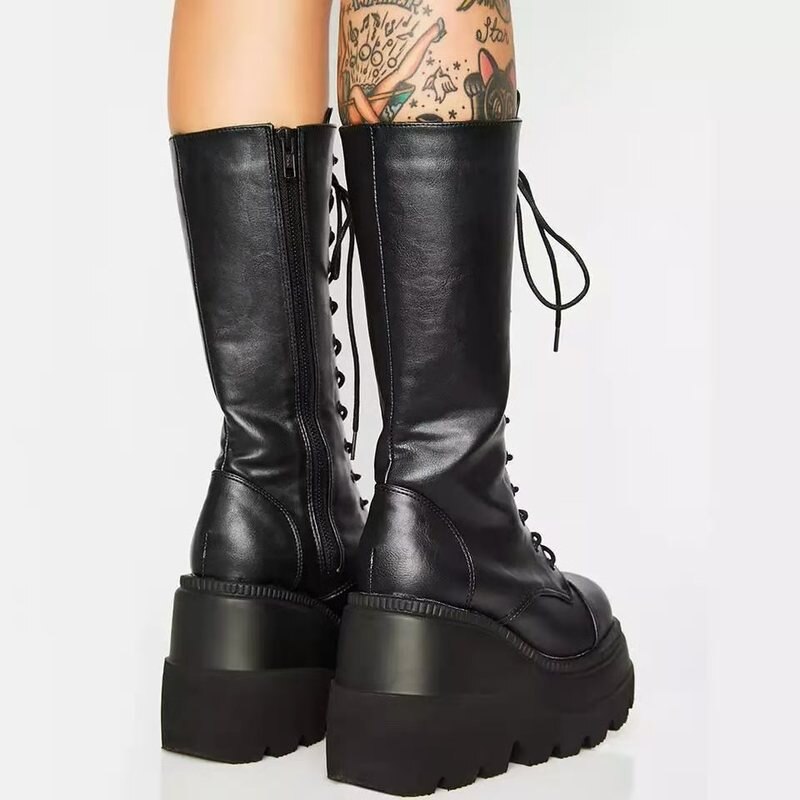 Zapatos de plataforma zapatos botas zapatos de mujer PU botas de montar de piel calzado con cremallera para damas Botas Largas otoño negro mujeres botas Zapatos Gothic